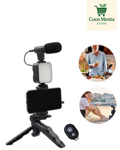 KIT TRÍPODE + MICRÓFONO + LUZ LED + SOPORTE DE CELULAR